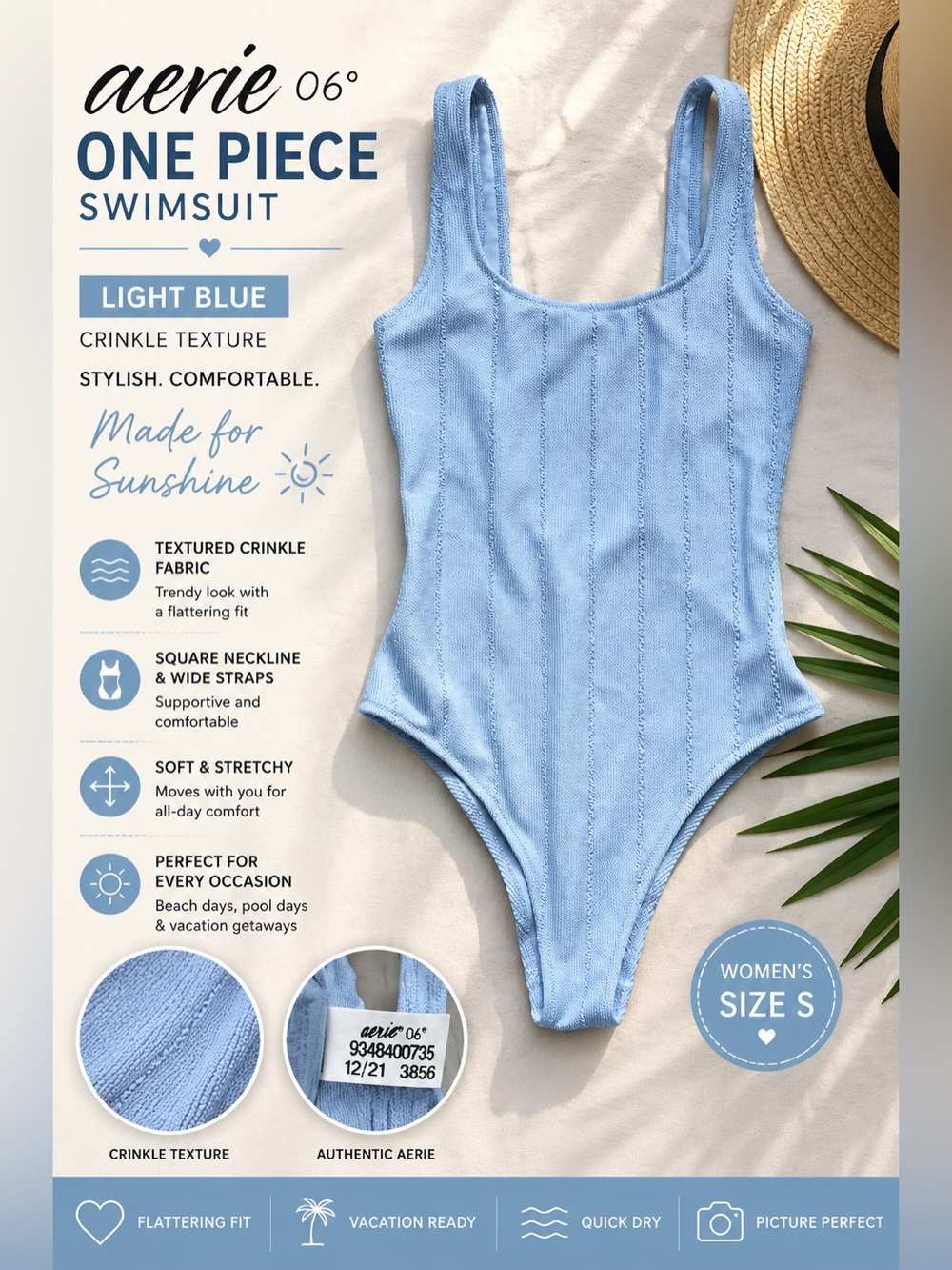 Aerie Crinkle One Piece Swimsuit Light Blue Women’s Size Small Textured Bathing